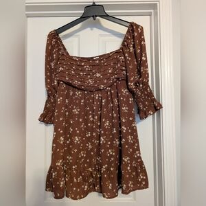 Blue Rain Floral Brown Long Sleeve Dress